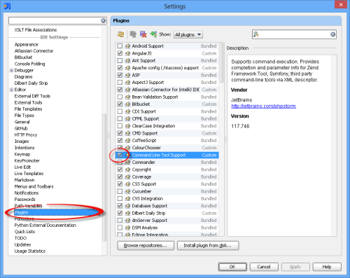 Screenshot of 'Plugins' with checked 'Command Line Tool Support'