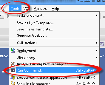 Screenshot of expanded 'Tools' menu with menu item 'Run Command...' highlighted